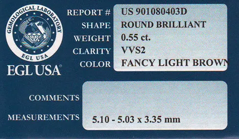 0.55 Carat Pale Apricot Color Natural Loose Fancy Light Brown Diamond | Round Brilliant VVS2 Clarity