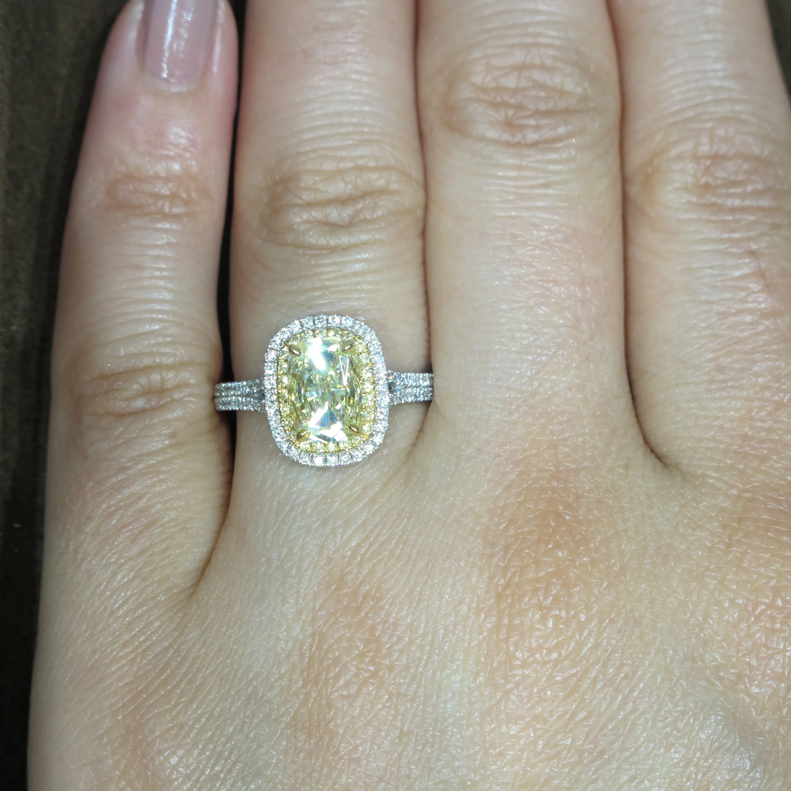1.33ct Fancy Yellow Double Halo Pave Henri Daussi Engagement Ring