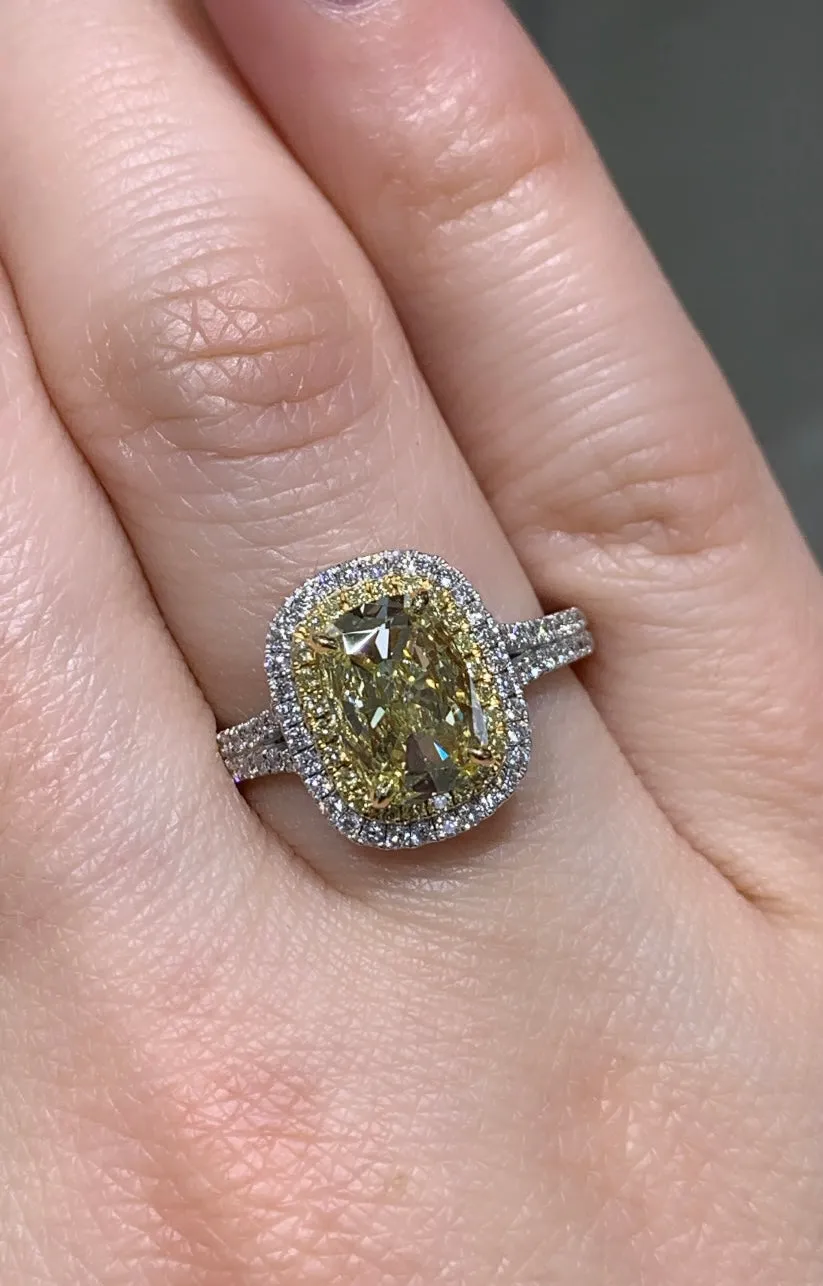 1.33ct Fancy Yellow Double Halo Pave Henri Daussi Engagement Ring