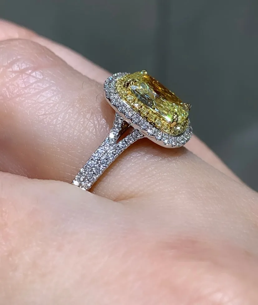 1.33ct Fancy Yellow Double Halo Pave Henri Daussi Engagement Ring