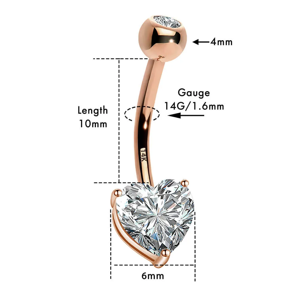 14K Rose Gold Belly Button Rings 14G Heart Solitaire CZ Navel Ring