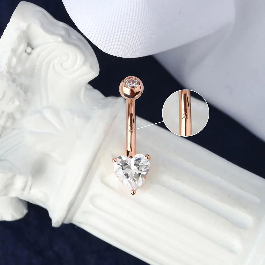 14K Rose Gold Belly Button Rings 14G Heart Solitaire CZ Navel Ring