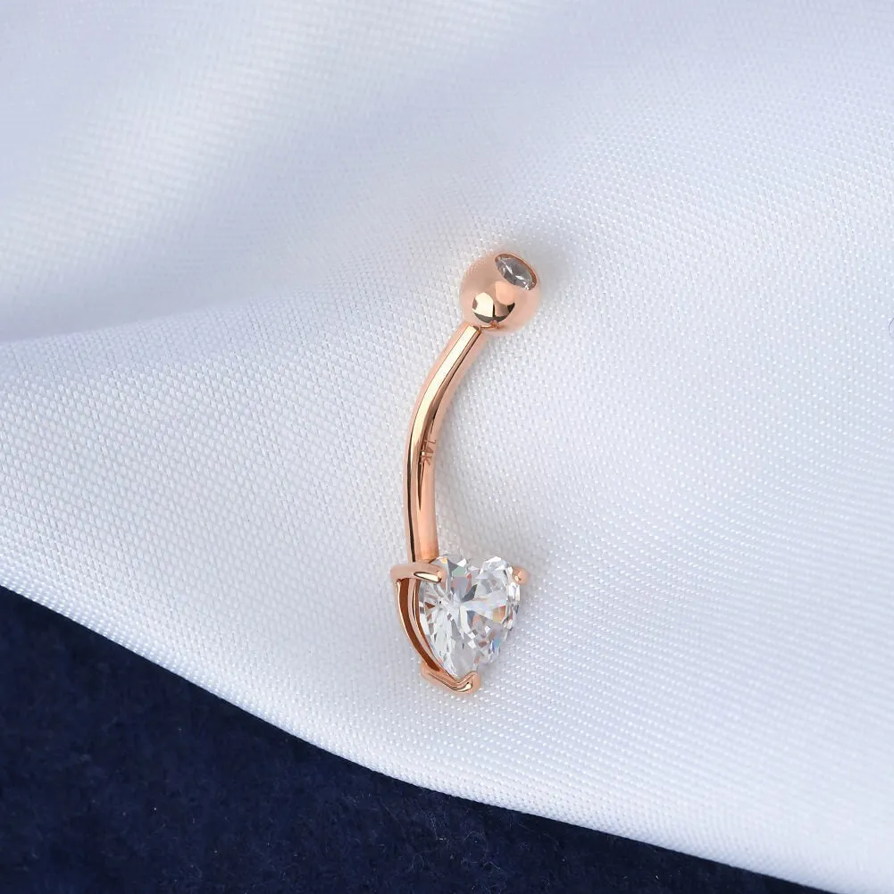 14K Rose Gold Belly Button Rings 14G Heart Solitaire CZ Navel Ring