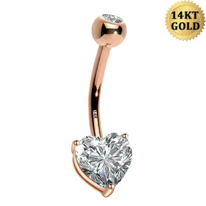 14K Rose Gold Belly Button Rings 14G Heart Solitaire CZ Navel Ring