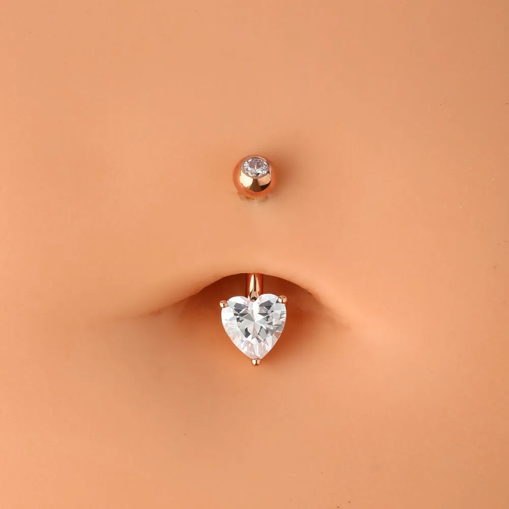 14K Rose Gold Belly Button Rings 14G Heart Solitaire CZ Navel Ring