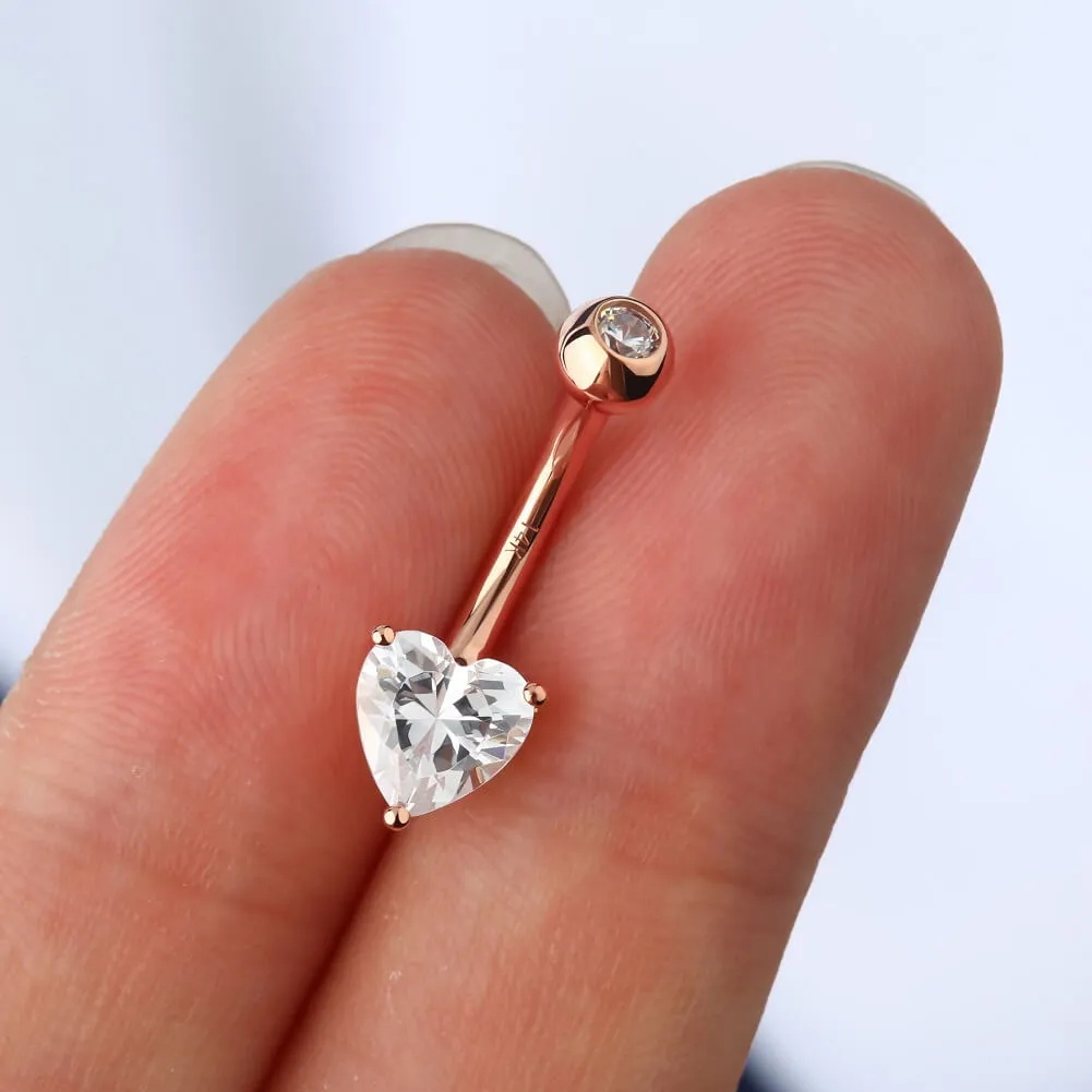 14K Rose Gold Belly Button Rings 14G Heart Solitaire CZ Navel Ring