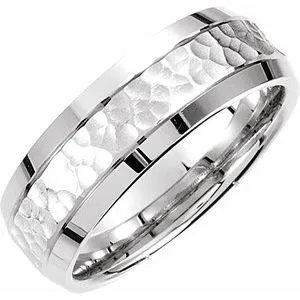 14K White 7.5 mm Concave Beveled-Edge Band with Satin Hammer Finish Size 11