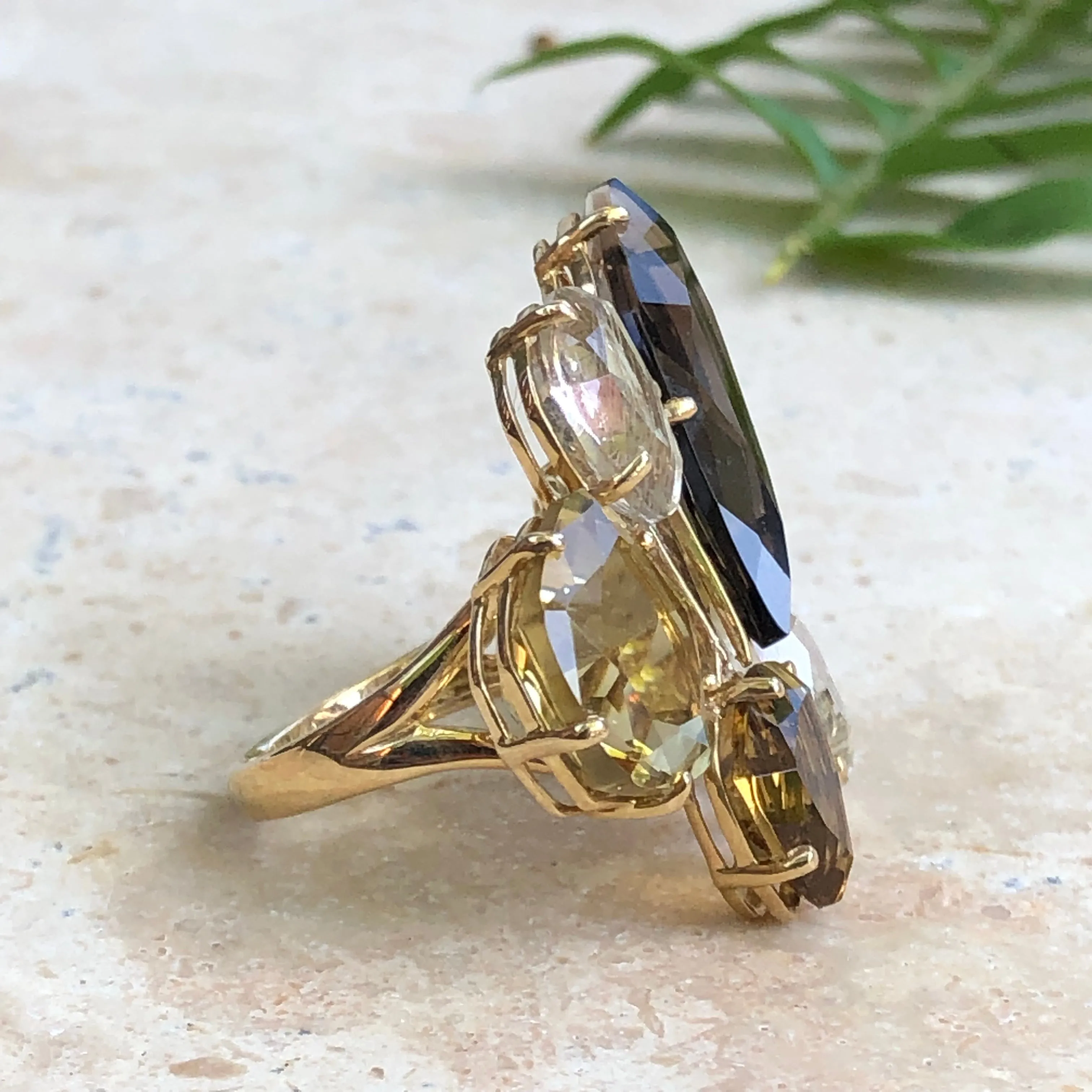 14KT Yellow Gold Smokey Lime Quartz Citrine   Rutilated Quartz Gemstone Ring
