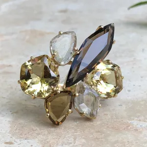14KT Yellow Gold Smokey Lime Quartz Citrine   Rutilated Quartz Gemstone Ring