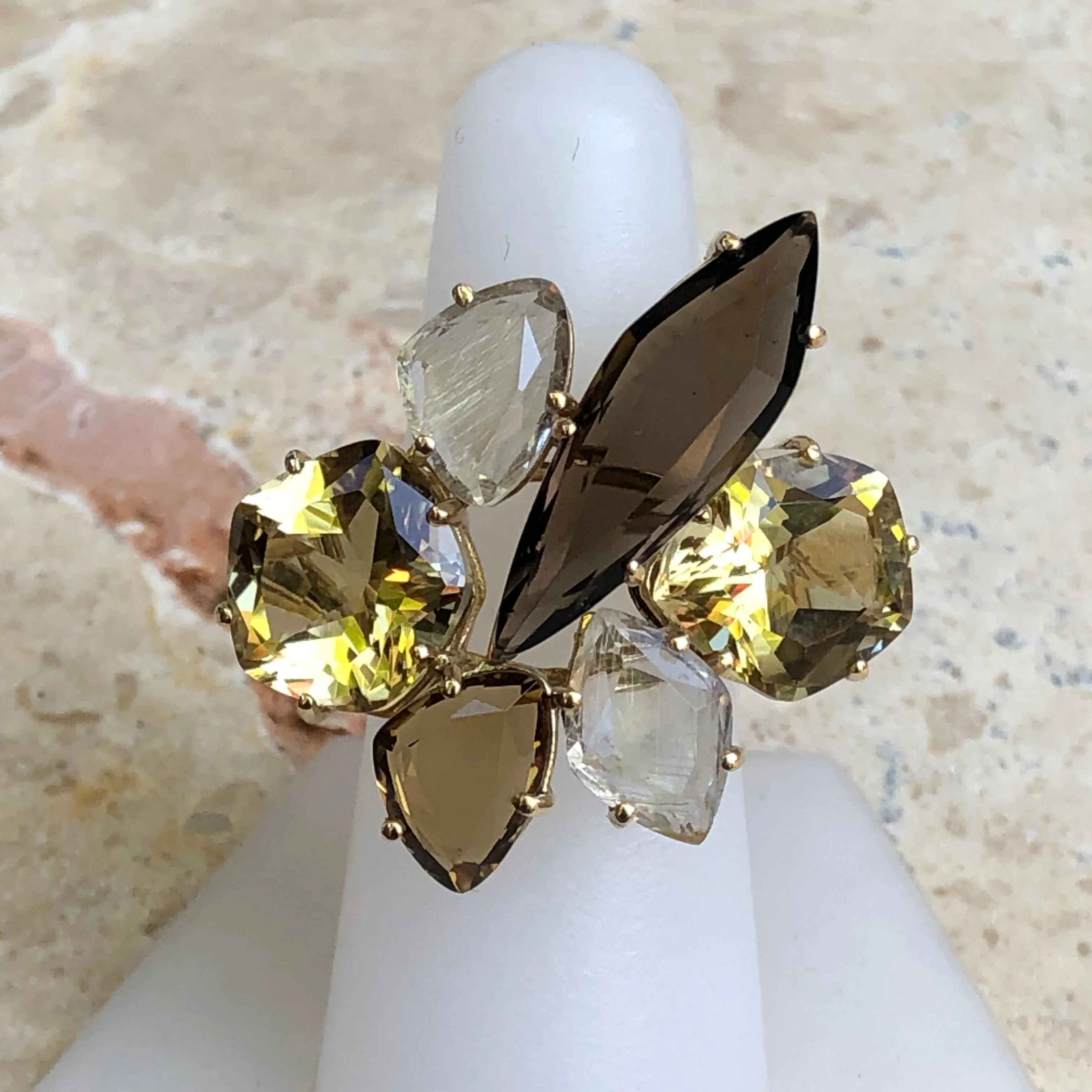 14KT Yellow Gold Smokey Lime Quartz Citrine   Rutilated Quartz Gemstone Ring