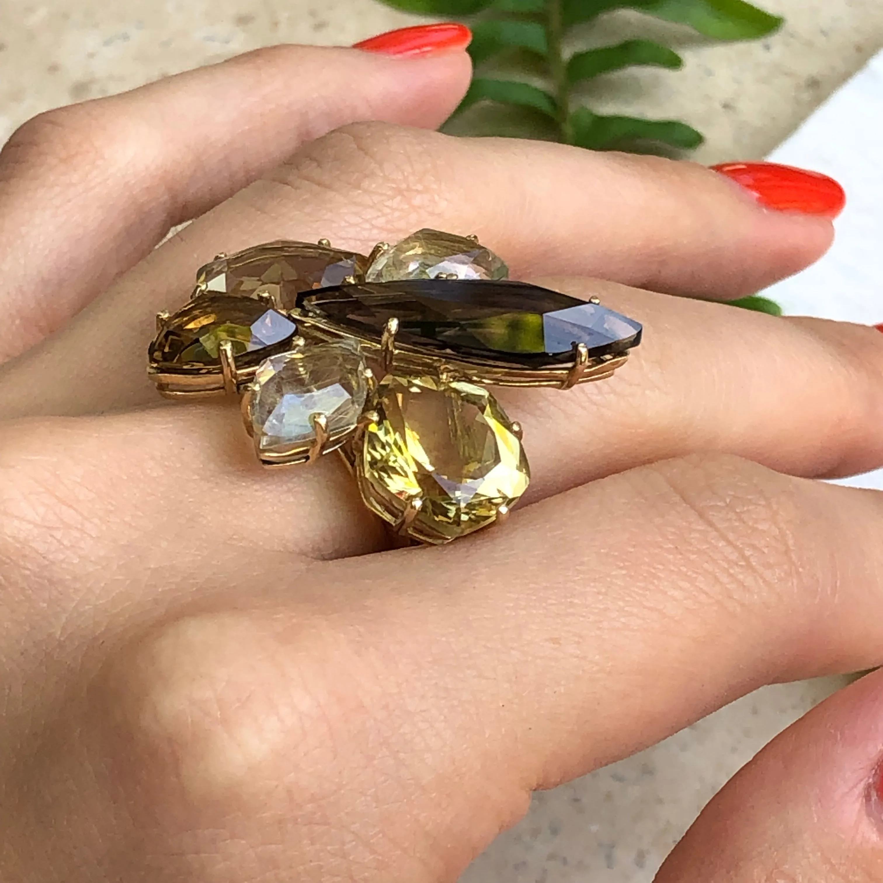 14KT Yellow Gold Smokey Lime Quartz Citrine   Rutilated Quartz Gemstone Ring