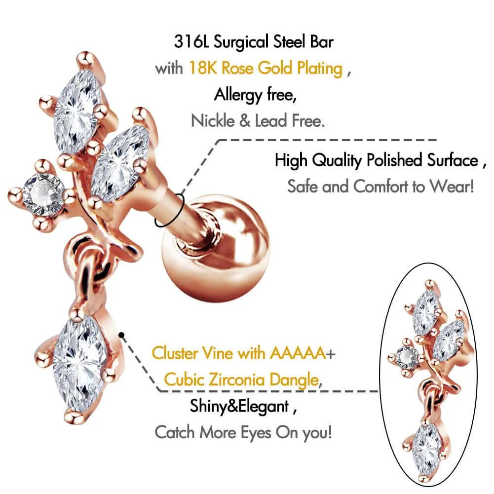 16G Clear CZ Dangle Dendriform Silver and Rose Gold Helix Studs