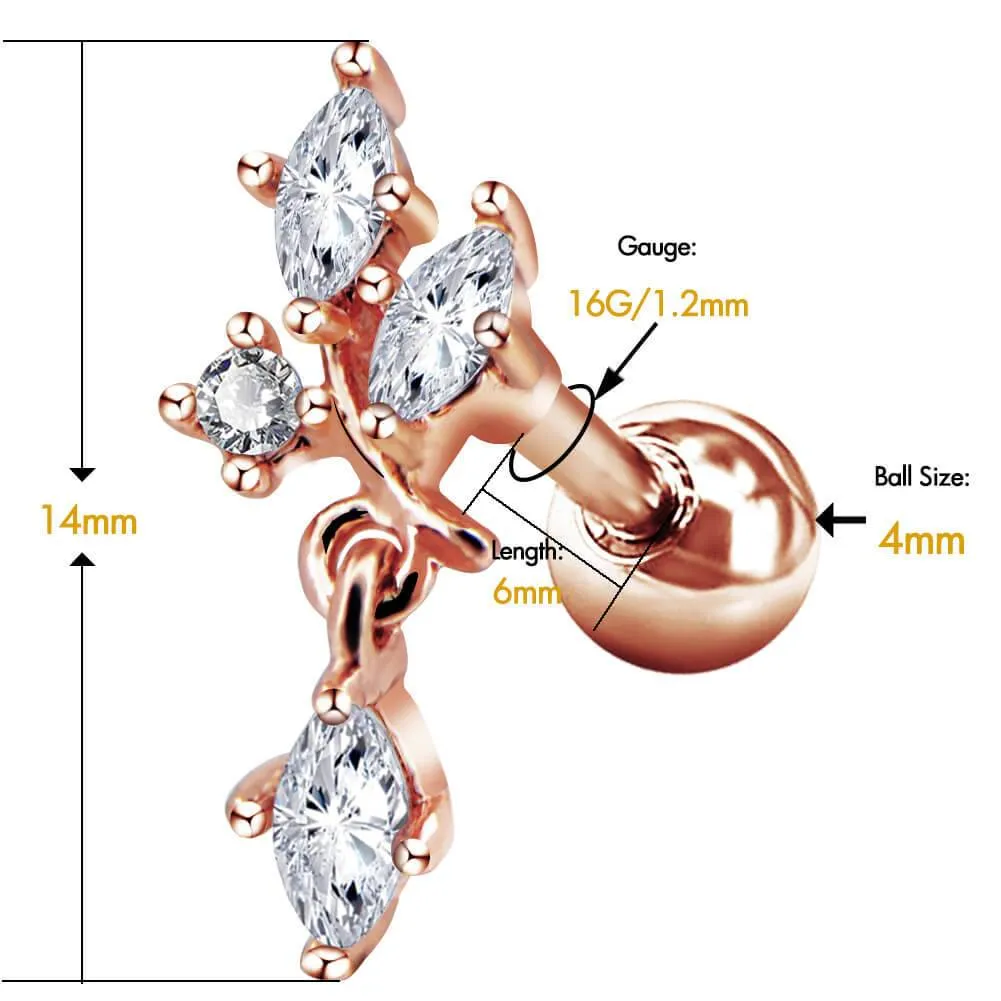 16G Clear CZ Dangle Dendriform Silver and Rose Gold Helix Studs