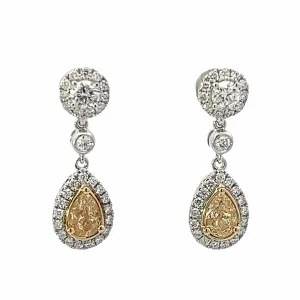 18K White And Yellow Gold Pear Shape Fancy Yellow Diamond Halo Drop Earrings (1.30ctw)