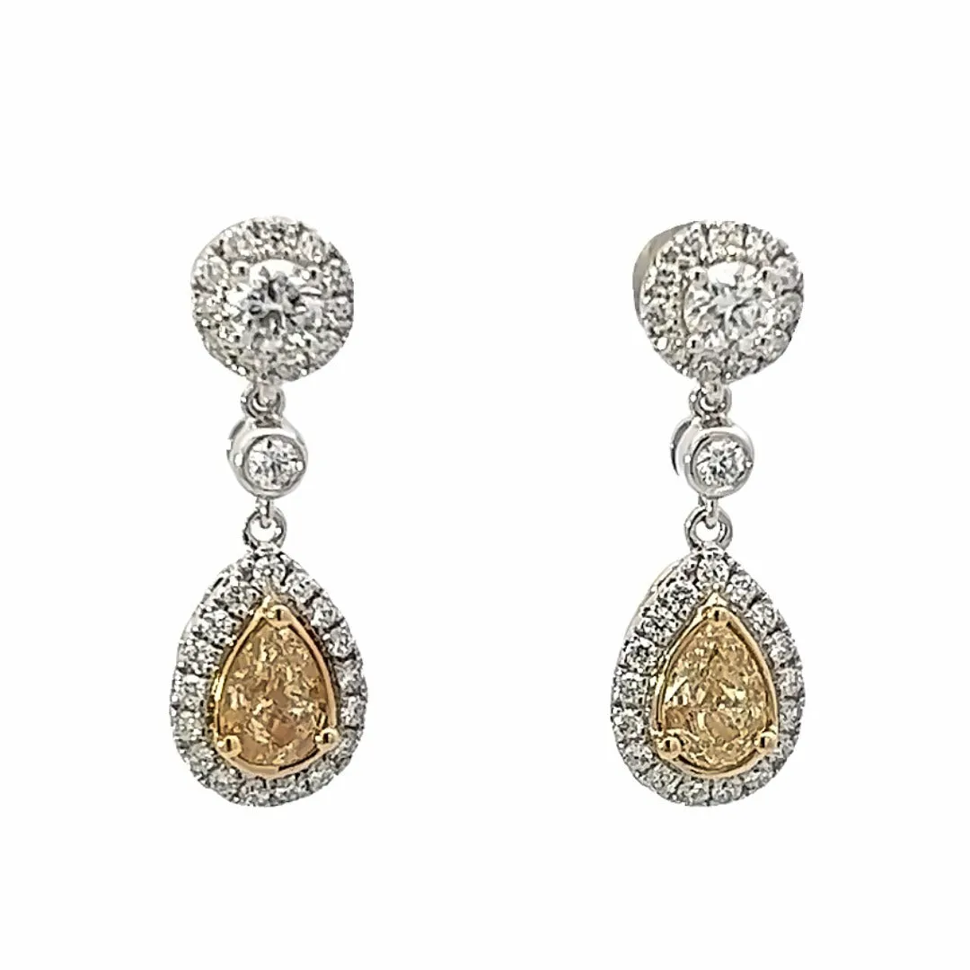 18K White And Yellow Gold Pear Shape Fancy Yellow Diamond Halo Drop Earrings (1.30ctw)