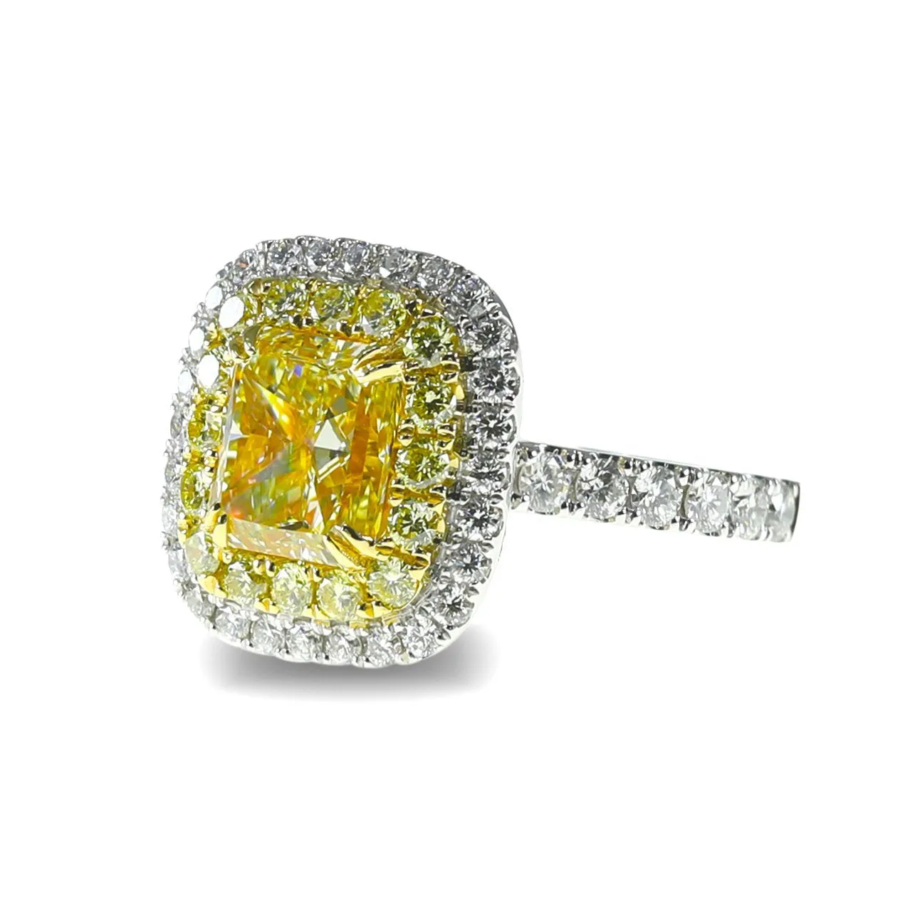 18K White Gold Cushion Cut Double Halo Yellow Diamond Ring (4.10ctw)