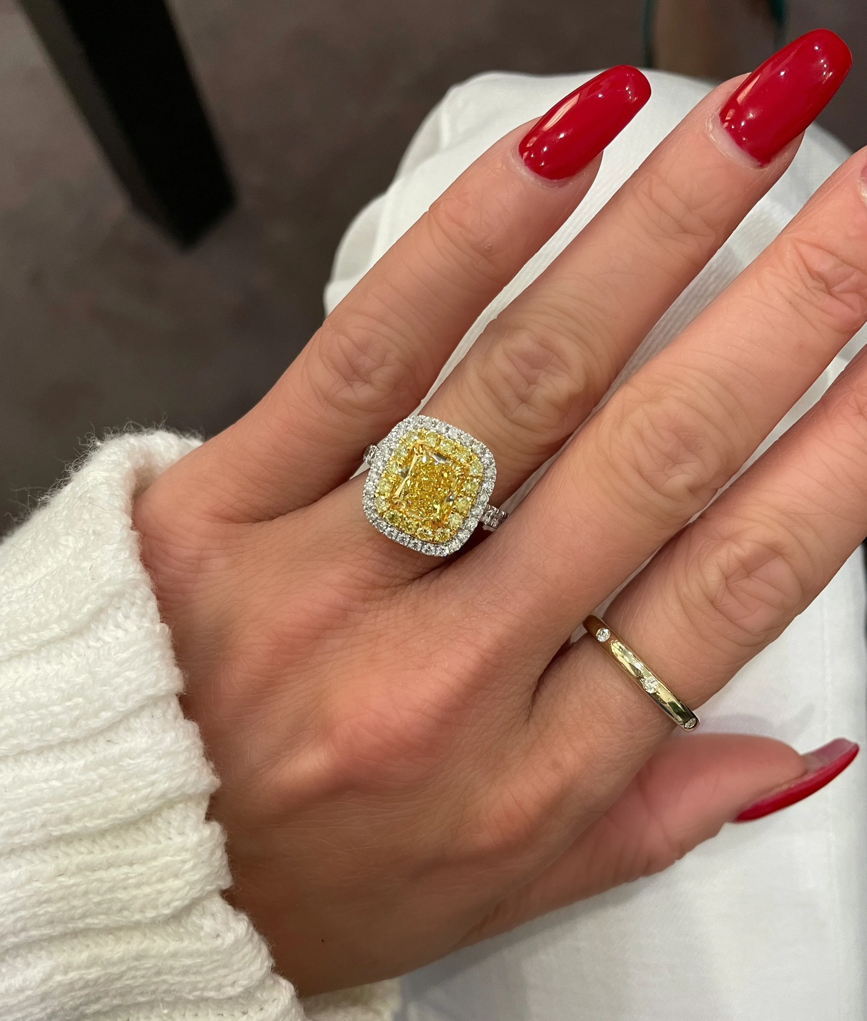 18K White Gold Cushion Cut Double Halo Yellow Diamond Ring (4.10ctw)