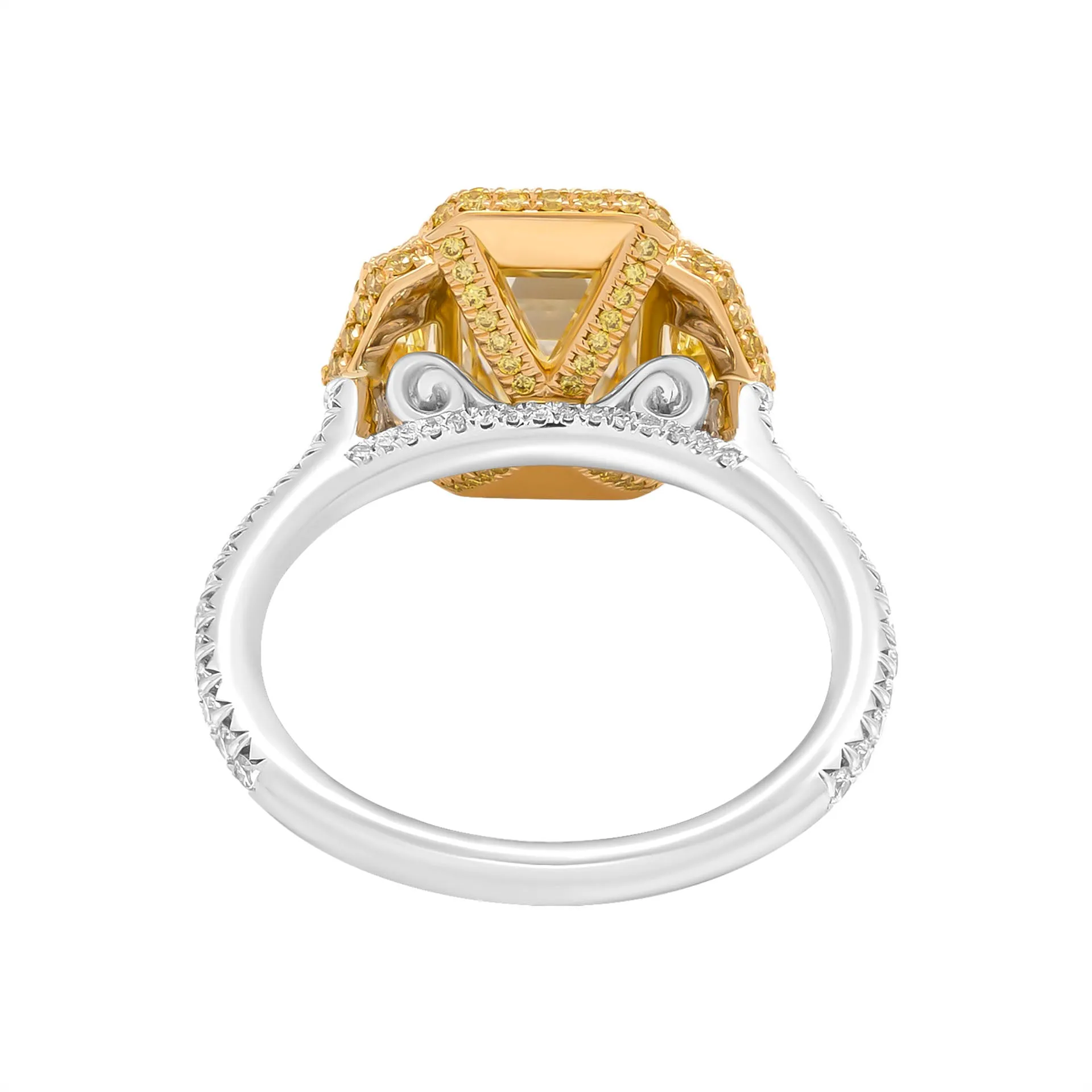 3 Stone Ring in Platinum & 18k Yellow Gold Center with 2.01 Carat Emerald Cut