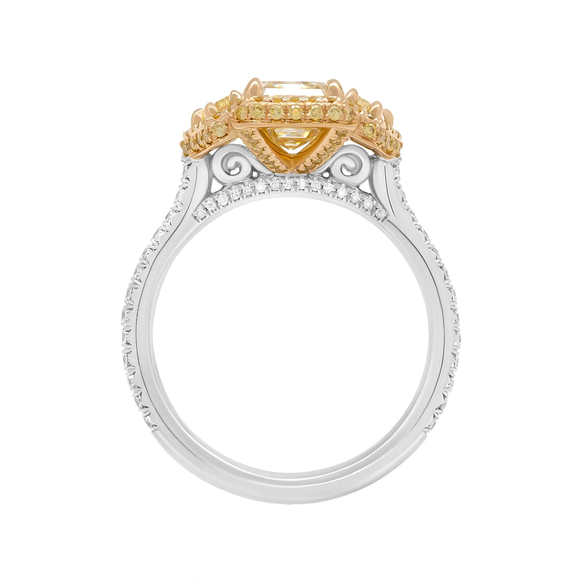 3 Stone Ring in Platinum & 18k Yellow Gold Center with 2.01 Carat Emerald Cut