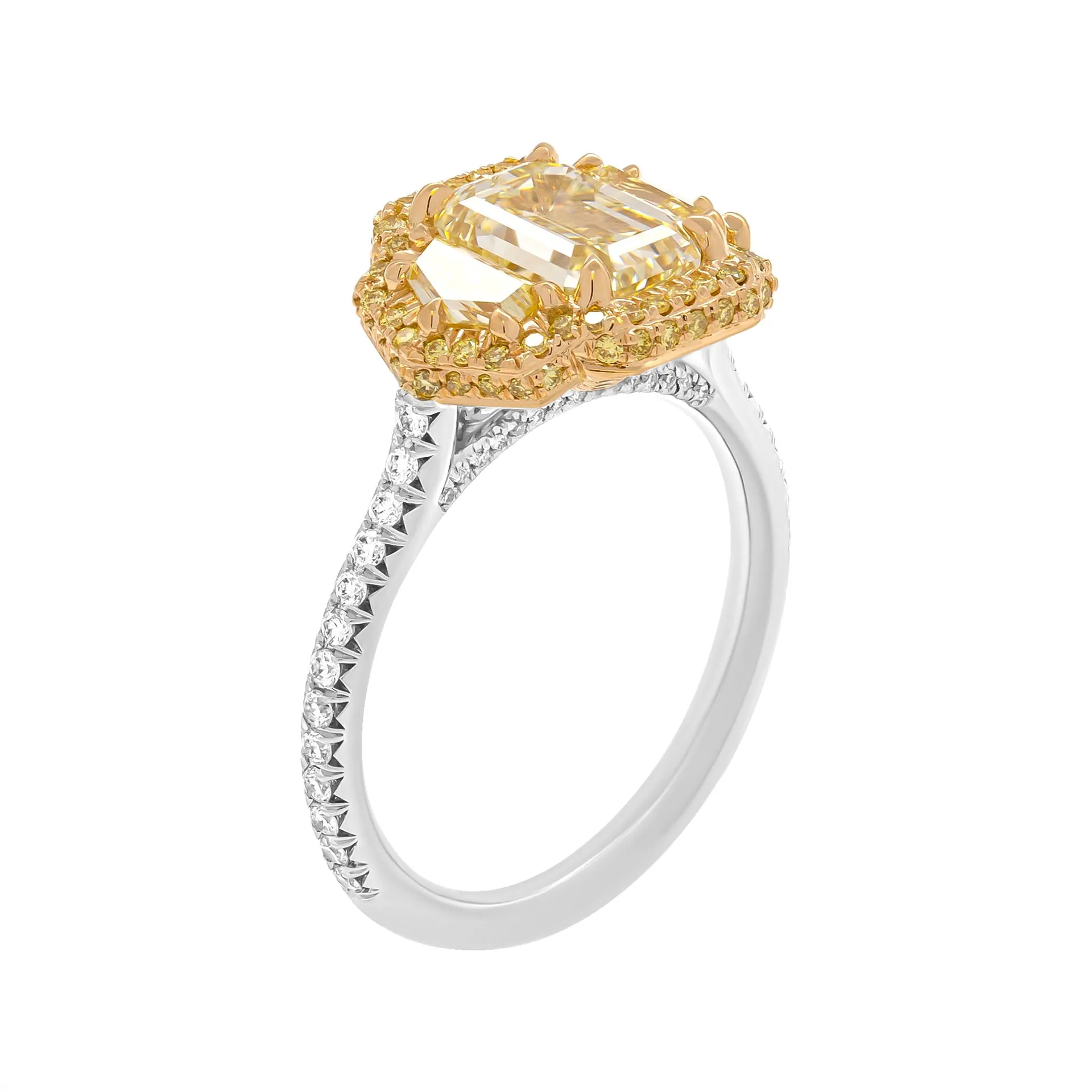 3 Stone Ring in Platinum & 18k Yellow Gold Center with 2.01 Carat Emerald Cut
