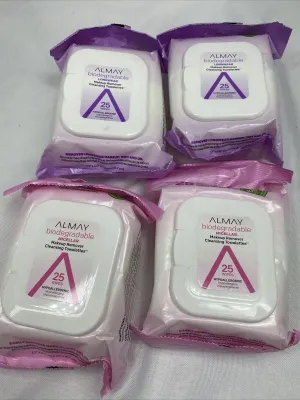 (4) Almay Longwear Micellar Makeup Remover Cleansing Towelette 25ea biodegrade
