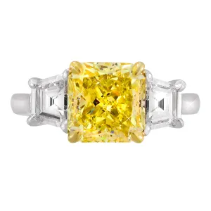 4.06carat GIA Certified Three Stone Fancy Light Yellow Diamond Engagement Ring