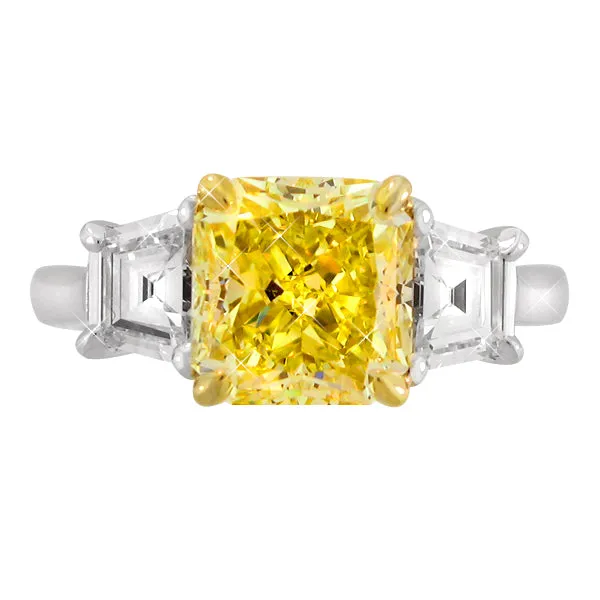 4.06carat GIA Certified Three Stone Fancy Light Yellow Diamond Engagement Ring