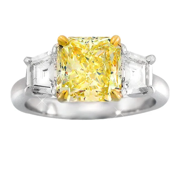4.06carat GIA Certified Three Stone Fancy Light Yellow Diamond Engagement Ring