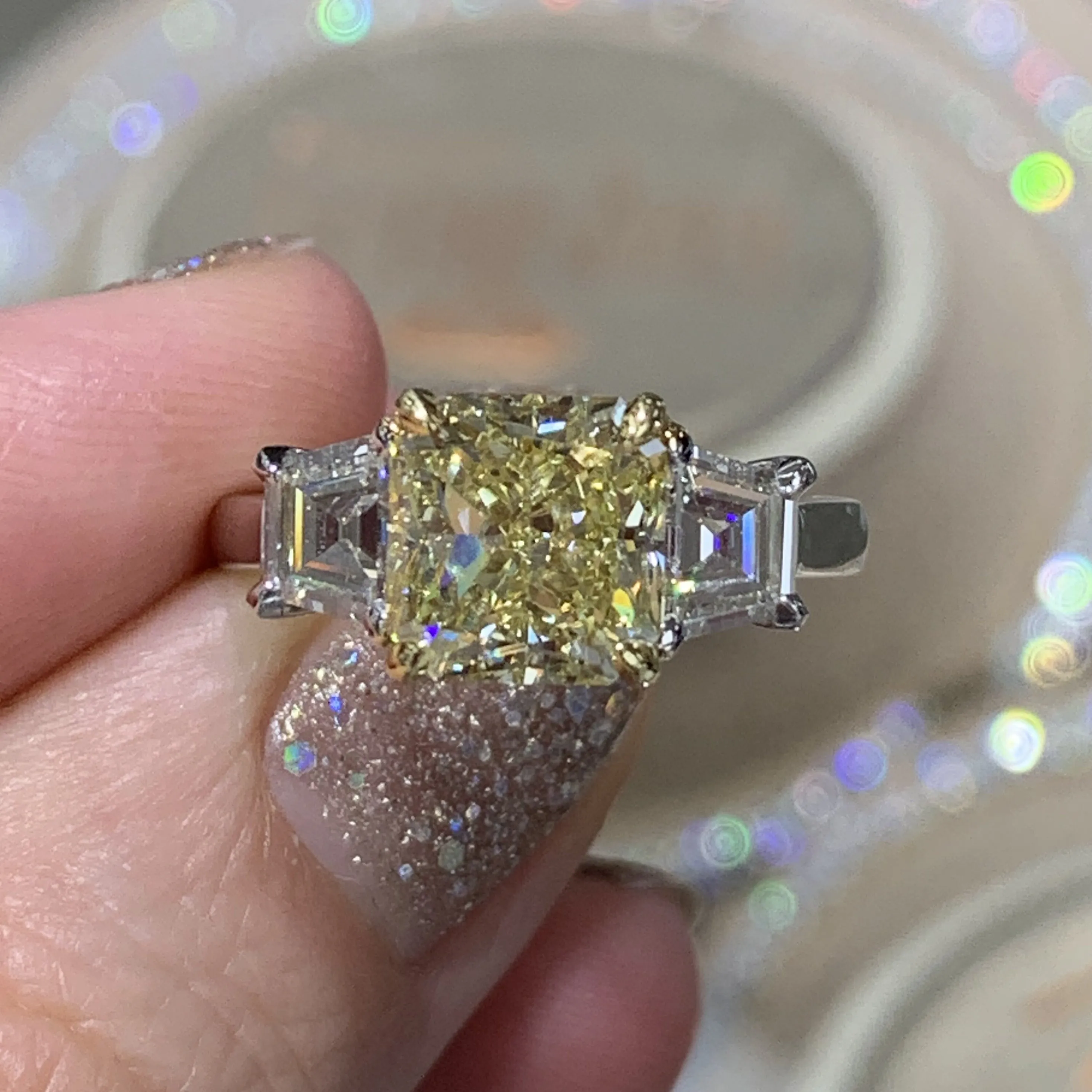 4.06carat GIA Certified Three Stone Fancy Light Yellow Diamond Engagement Ring