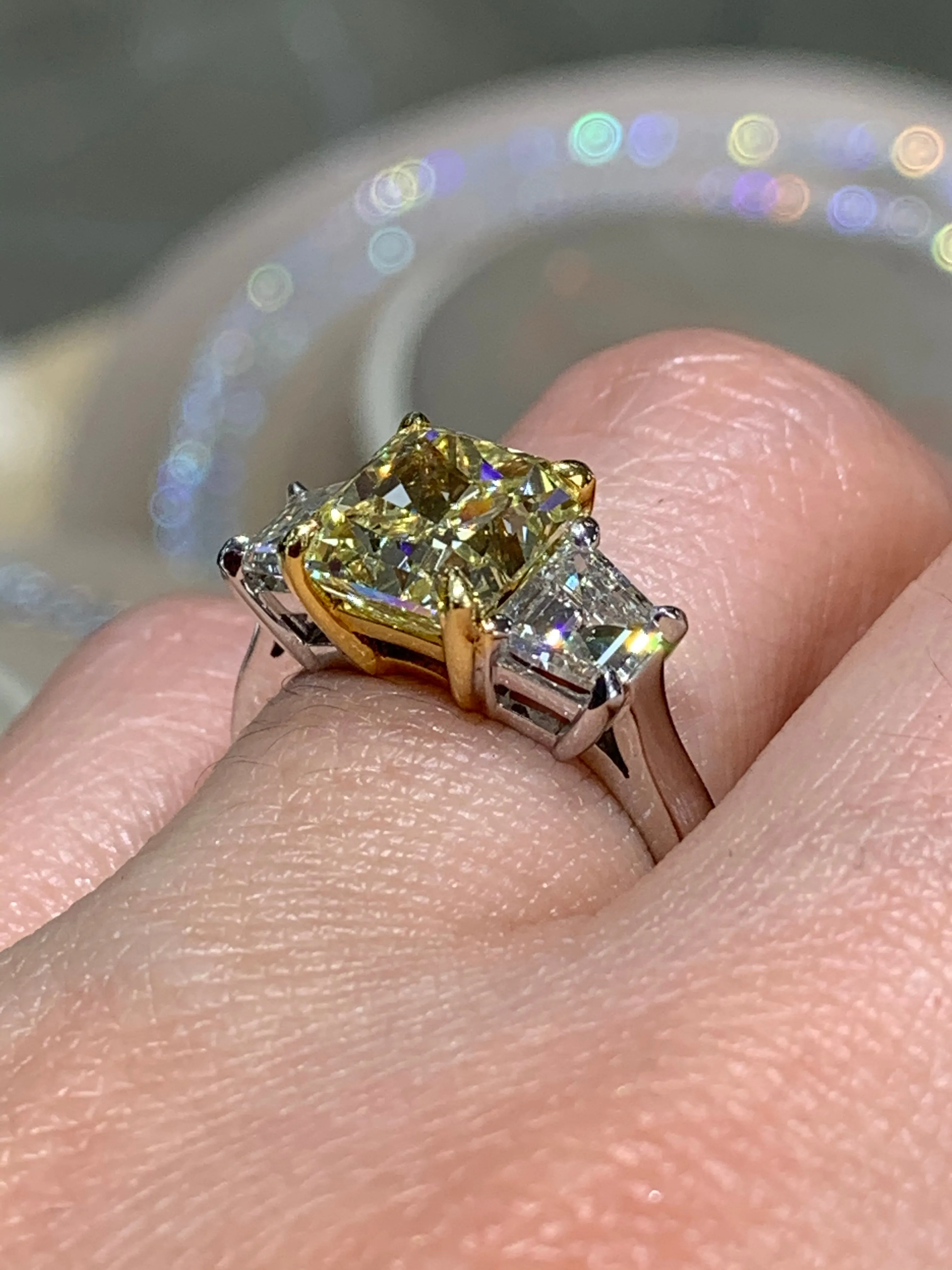 4.06carat GIA Certified Three Stone Fancy Light Yellow Diamond Engagement Ring