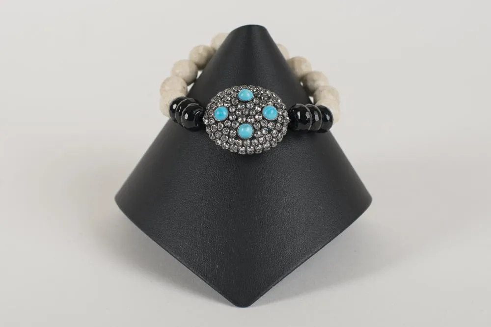 Agate and Black Onyx with Rock Crystal and Turquoise Focal Bead