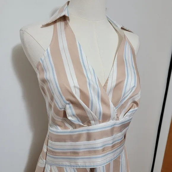 Anthropologie Maeve Asymmetrical White Tan &amp; Blue Stripe Wrap Shirt Dress Size 0