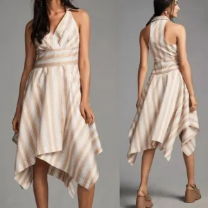 Anthropologie Maeve Asymmetrical White Tan &amp; Blue Stripe Wrap Shirt Dress Size 0