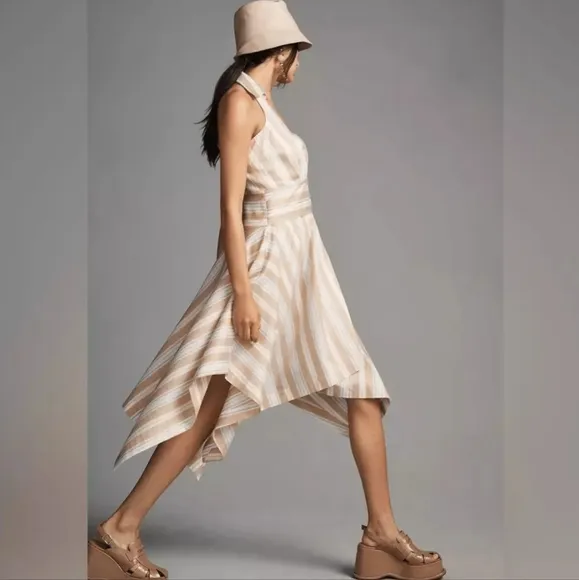 Anthropologie Maeve Asymmetrical White Tan &amp; Blue Stripe Wrap Shirt Dress Size 0