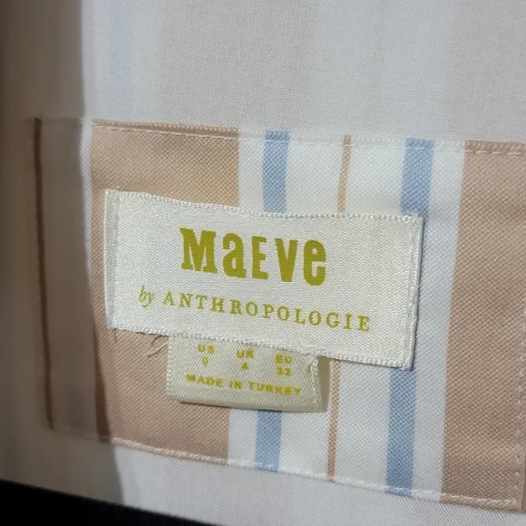 Anthropologie Maeve Asymmetrical White Tan &amp; Blue Stripe Wrap Shirt Dress Size 0