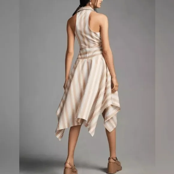 Anthropologie Maeve Asymmetrical White Tan &amp; Blue Stripe Wrap Shirt Dress Size 0