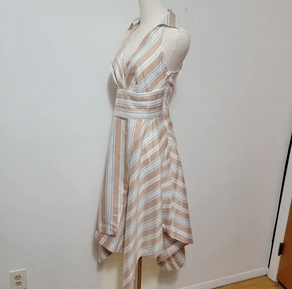 Anthropologie Maeve Asymmetrical White Tan &amp; Blue Stripe Wrap Shirt Dress Size 0
