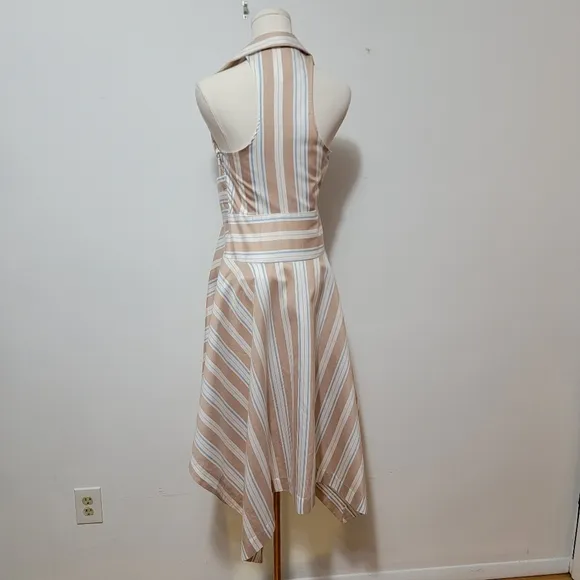Anthropologie Maeve Asymmetrical White Tan &amp; Blue Stripe Wrap Shirt Dress Size 0