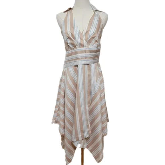 Anthropologie Maeve Asymmetrical White Tan &amp; Blue Stripe Wrap Shirt Dress Size 0