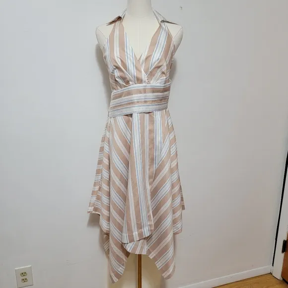 Anthropologie Maeve Asymmetrical White Tan &amp; Blue Stripe Wrap Shirt Dress Size 0