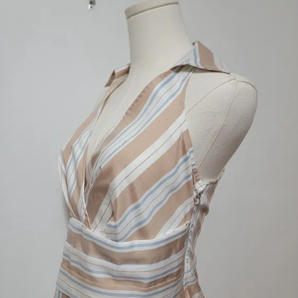 Anthropologie Maeve Asymmetrical White Tan &amp; Blue Stripe Wrap Shirt Dress Size 0