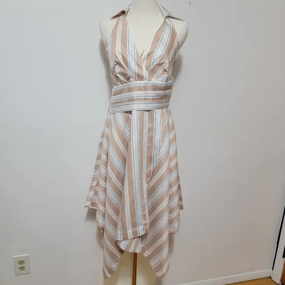 Anthropologie Maeve Asymmetrical White Tan &amp; Blue Stripe Wrap Shirt Dress Size 0