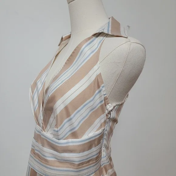 Anthropologie Maeve Asymmetrical White Tan &amp; Blue Stripe Wrap Shirt Dress Size 0