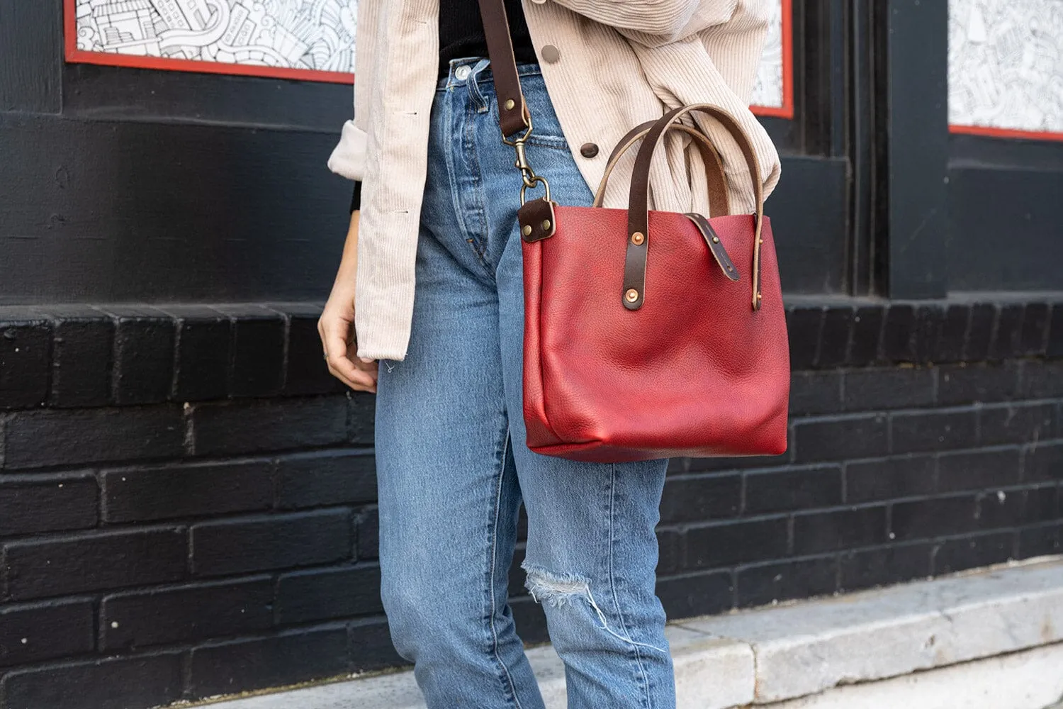 AVERY LEATHER TOTE BAG - MINI CROSSBODY - CRANBERRY