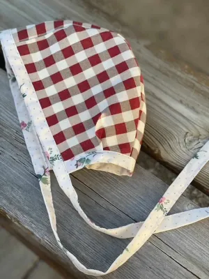 Baby Bonnet - Brown Linen & Red Gingham