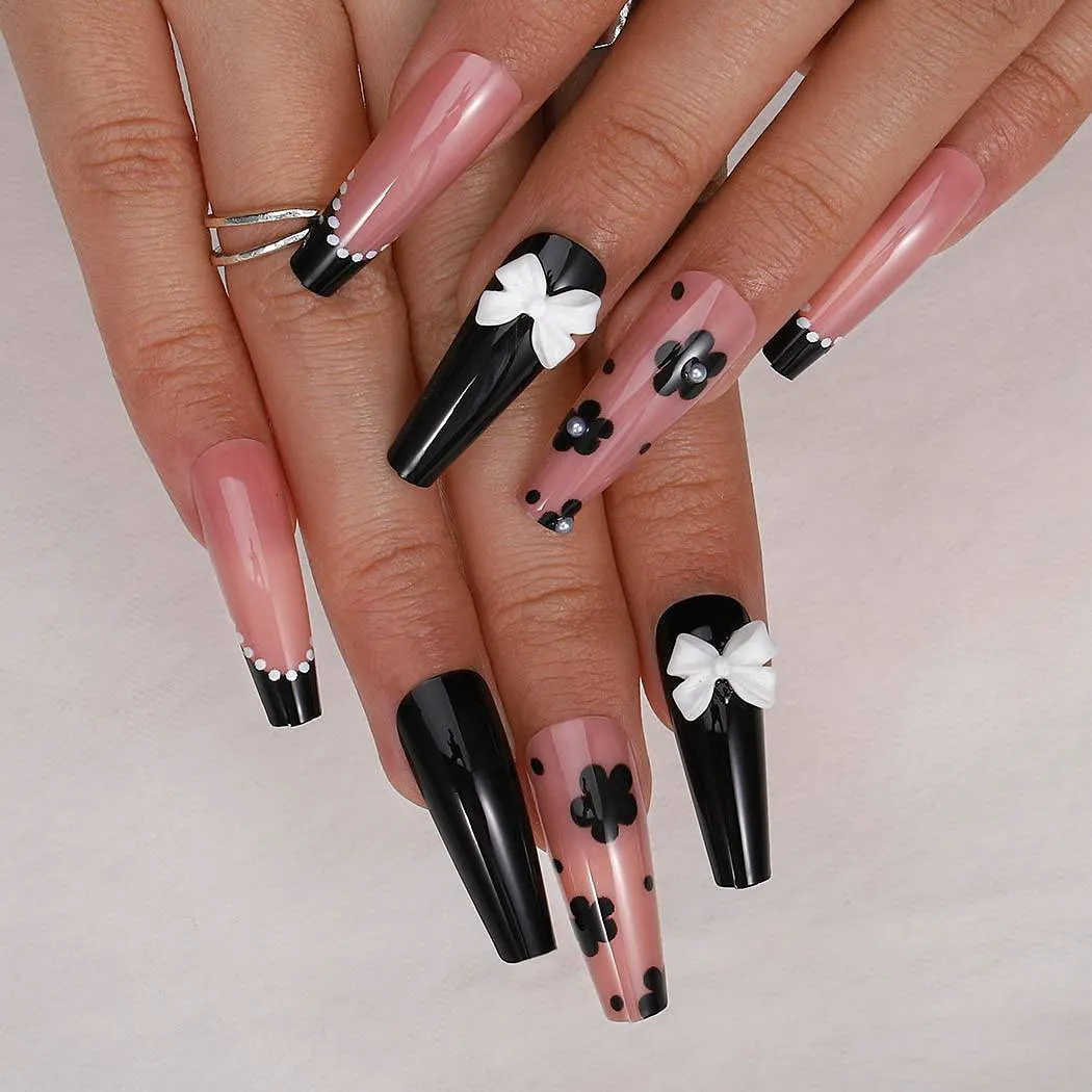 Black And White Bow Coffin Press On Nails Kit