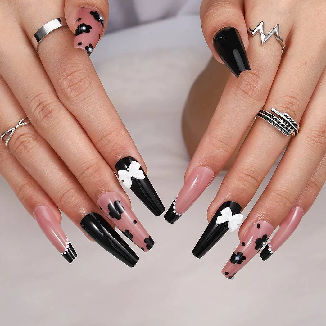 Black And White Bow Coffin Press On Nails Kit