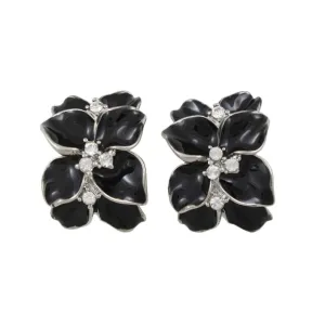 Black Glossy Flower with Crystals Clip Earring - REE942