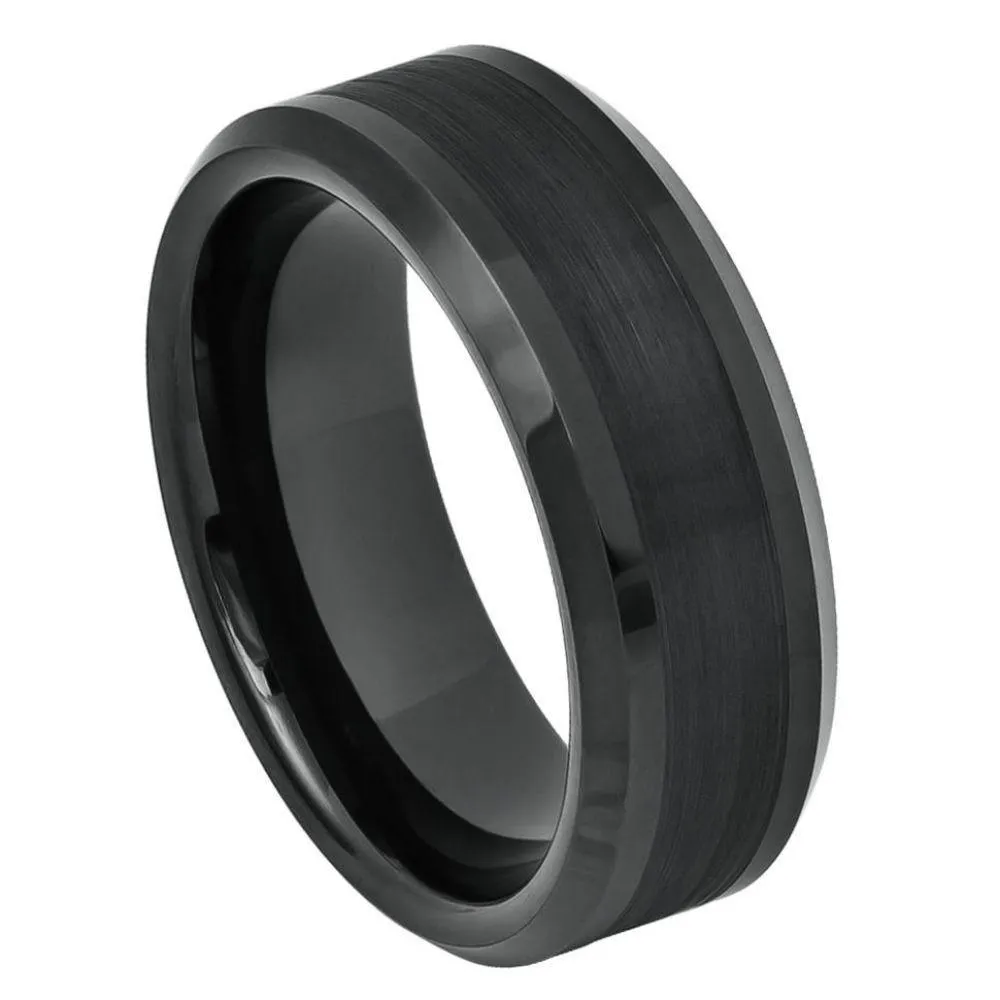 Black IP Plated Brushed Center Shiny Lines on each side Beveled Edge - 8mm