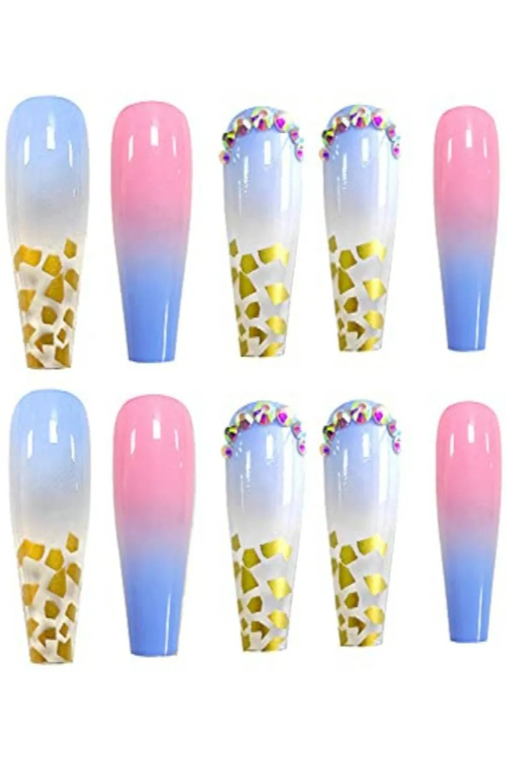 Blue & Pink Ombre Coffin Rhinestone Press On Nails Kit